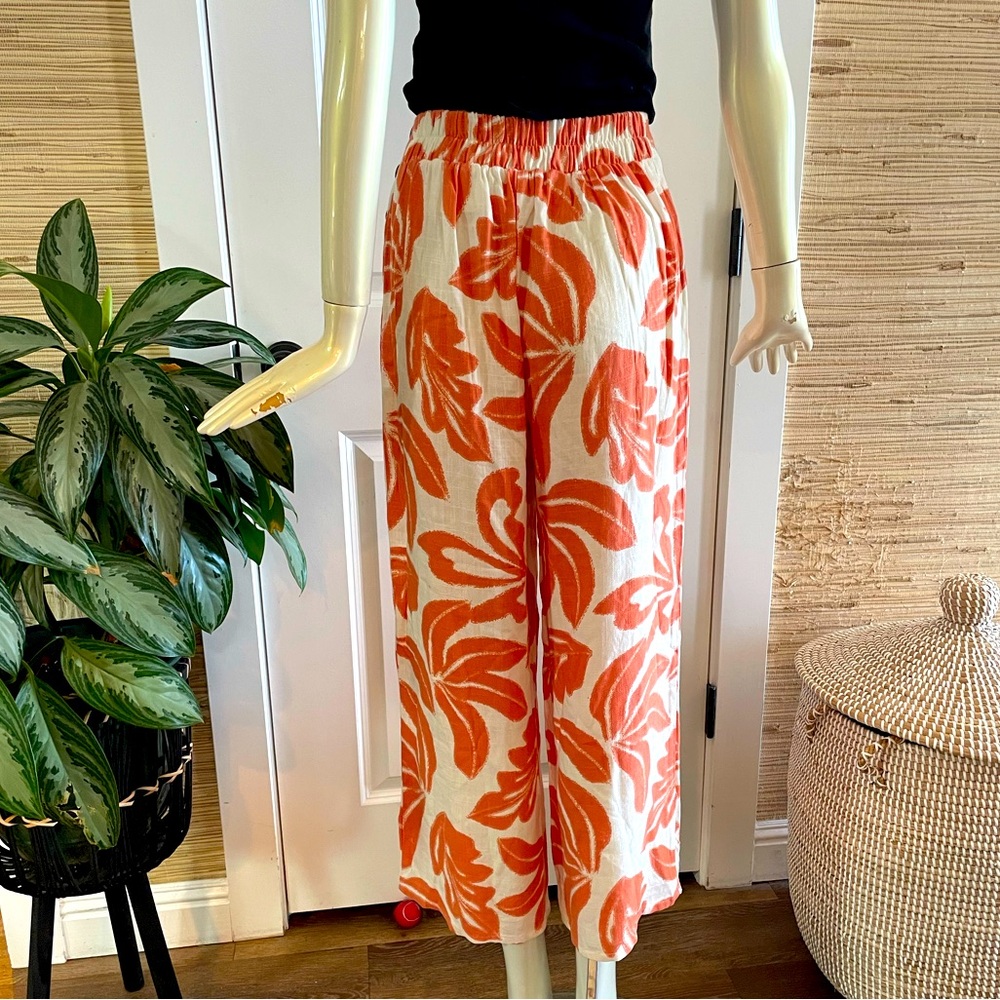 Orange and White Leaf Print Women's Linen Blend Pants - Picture 3 of 9